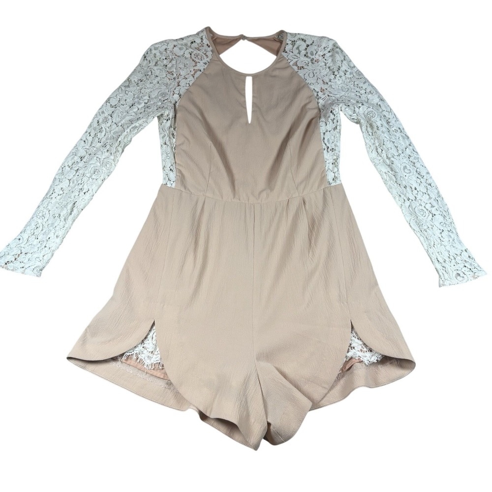 Heartloom Romper Womens XS Tan Lace Long Sleeve Keyhole Back Boho Chic